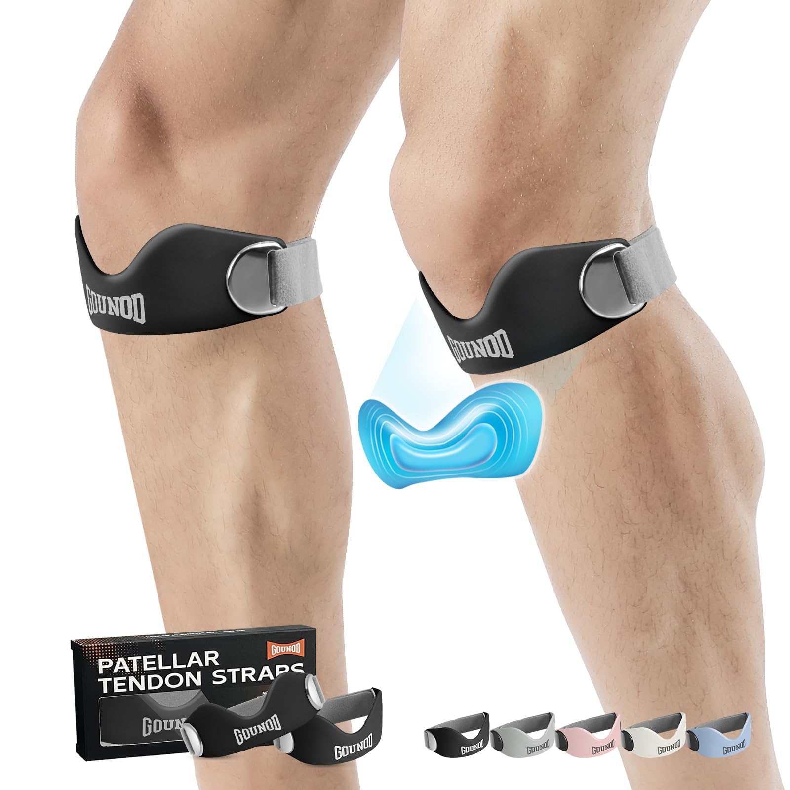 GOUNOD Silicone Patellar Tendon Support Strap 2 Pack,Knee Strap for Knee Pain Relief,Patella Band for Basketball, Jumpers Knee, Tendonitis, Running, Hiking, Soccer, Osgood Schlatter（Black-Grey）